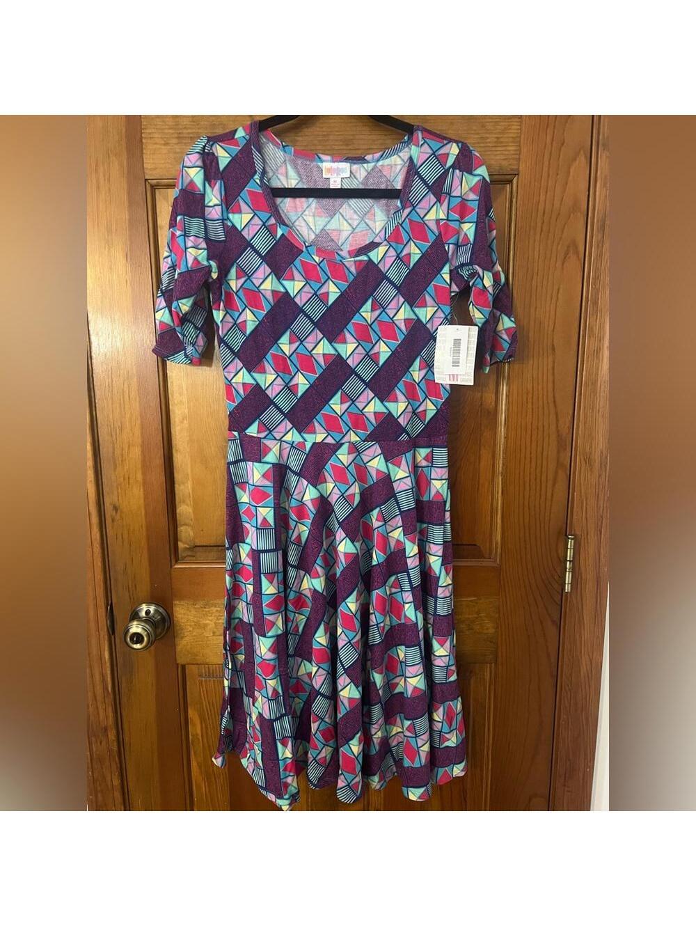 Lularoe Nicole Dress 80’s 90’s Colorful A Line Fit Flare Midi Scoop Medium NWT